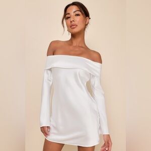 LULU’S LUXURIOUS VISION SATIN OFF THE SHOULDER MINI DRESS